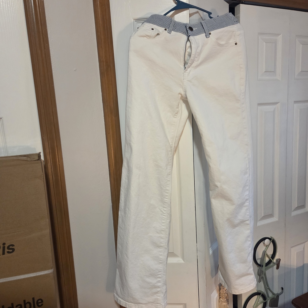 White Cotton Casual Pants with Striped Waistband